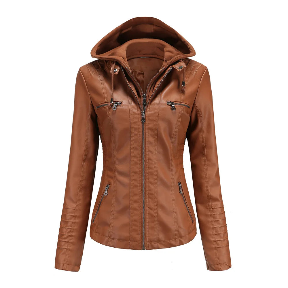 Women’s Oversized PU Leather Hoodie – Zipper Motorcycle Jacket for Spring & Autumn