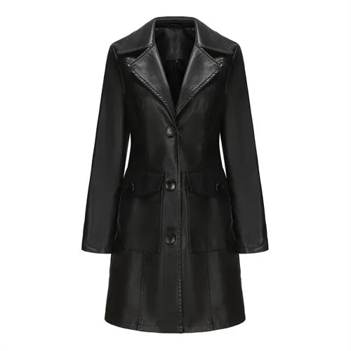 Red Long Waist Lace-up Leather Jacket Women's Long-sleeved Lapel PU Windbreaker Jacket Fashion Female Single-breasted Overcoat