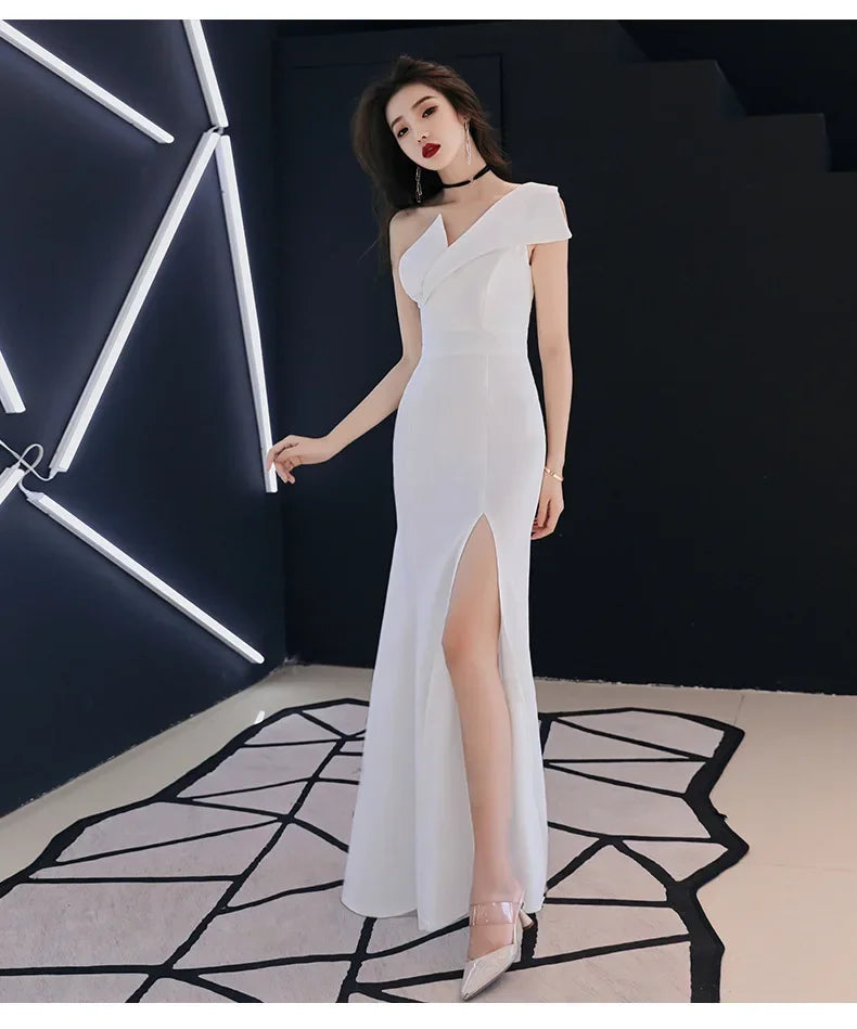 Host evening dress, light luxury, niche one shoulder black long dress, fishtail, one shoulder dress, female – F.A. Mirage