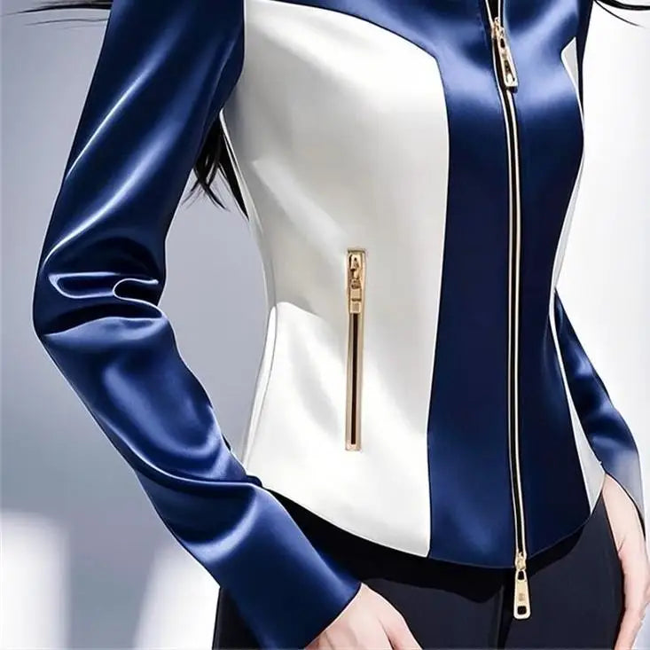 Women’s White & Blue Patchwork Satin Jacket – 2025 Early Spring Slim Waist Zipper Coat