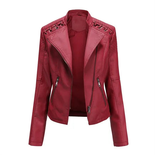Women’s 12-Color PU Leather Jacket – Lapel Zip-Up Overcoat S–4XL