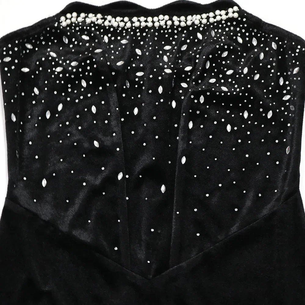 Black velvet dress bodice with pearl and rhinestone embellishments