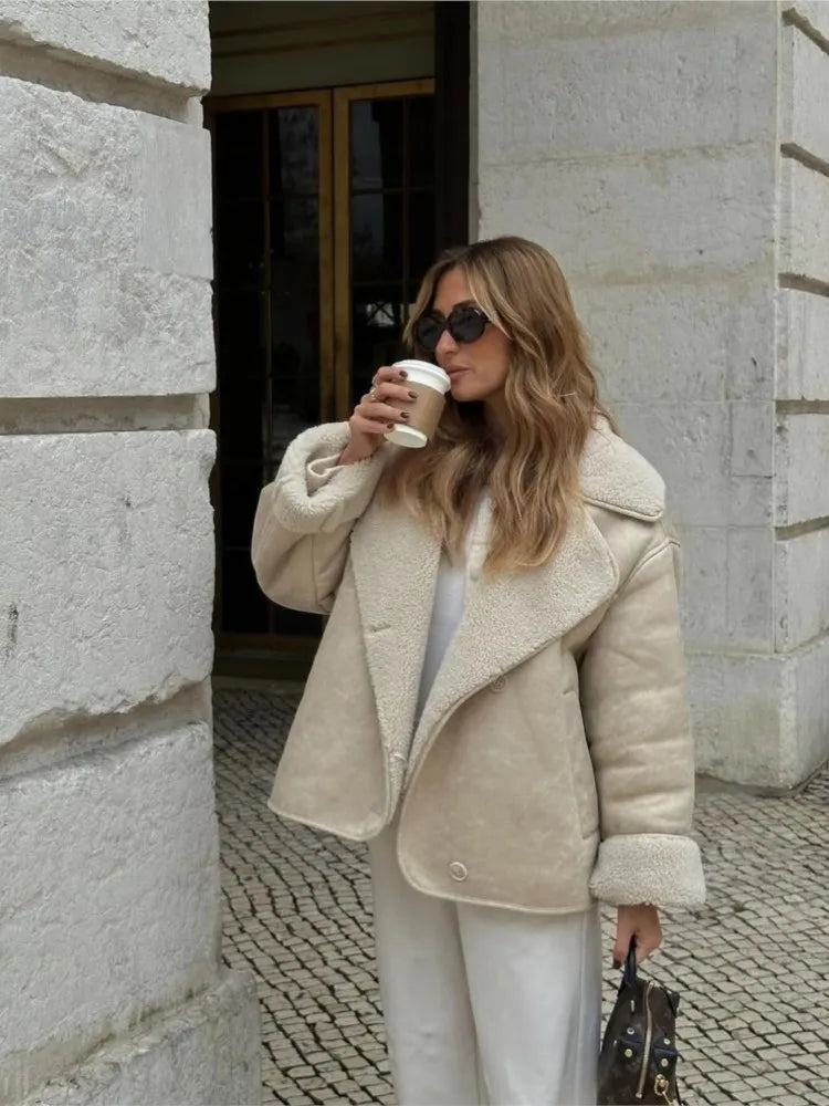 Double Sided Fur One Jacket Cotton Clothes Lamb Wool Coat Leather Jackets Women's Warm Loose Thick Lapel Fashion Casual Overcoat