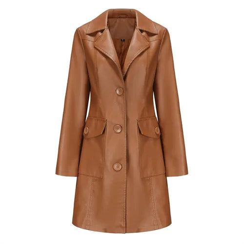 Red Long Waist Lace-up Leather Jacket Women's Long-sleeved Lapel PU Windbreaker Jacket Fashion Female Single-breasted Overcoat