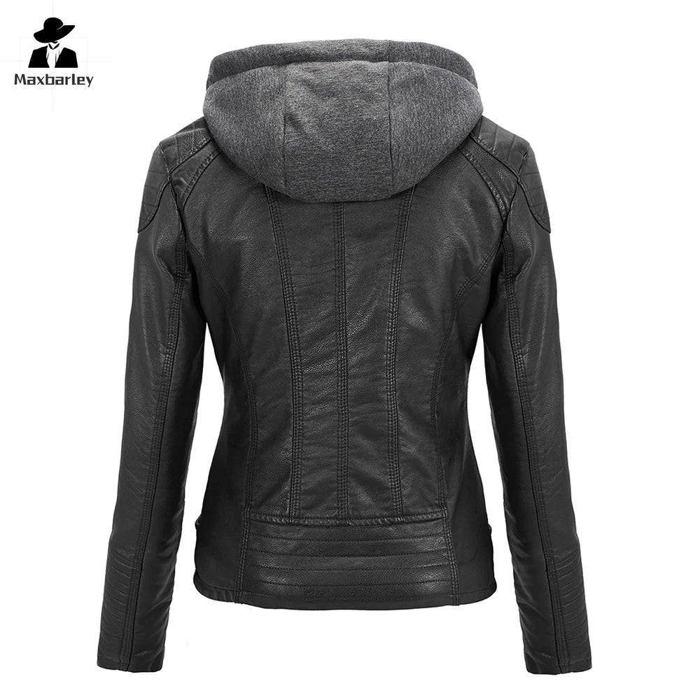 Women’s Vintage Hooded Faux Leather Jacket – Slim-Fit Detachable PU Motorcycle Coat