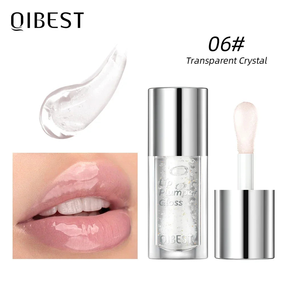 QIBEST 06# Transparent Crystal lip plumper gloss, clear applicator, glossy lips close-up