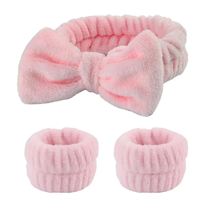 Women's Bow Headband & Wristband Set – Soft Elastic Towel Material for Face Washing, Makeup, Skincare, Yoga & Shower Use