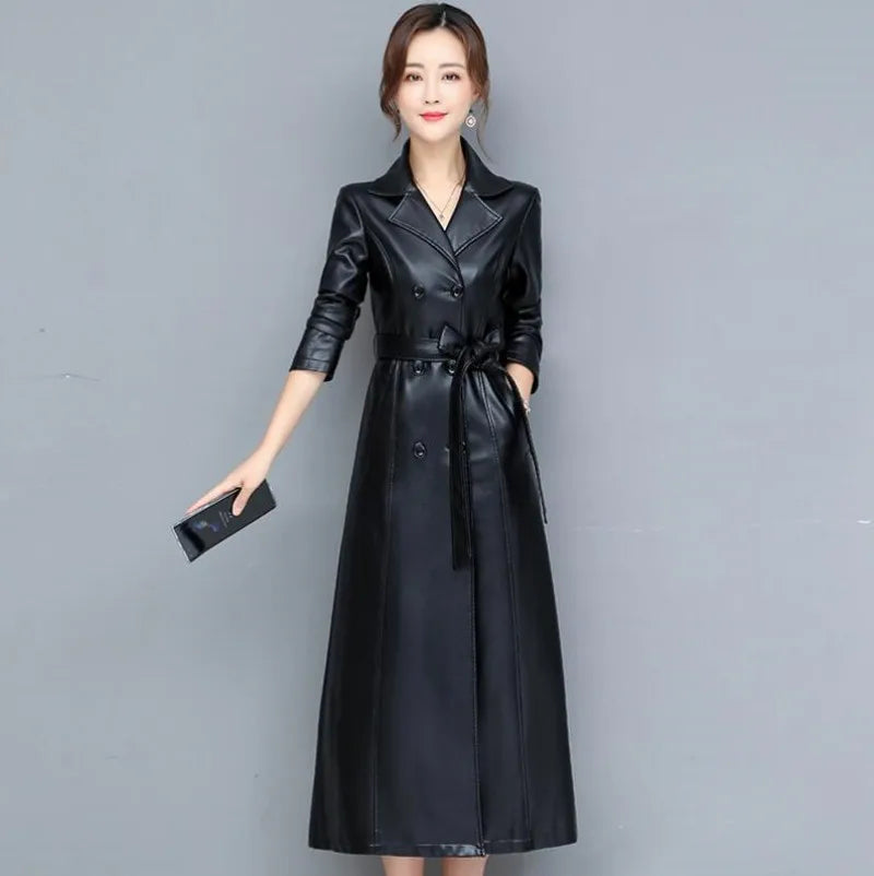 M–6XL Women’s Sheepskin Leather Long Coat – Double-Breasted Spring/Autumn Overcoat