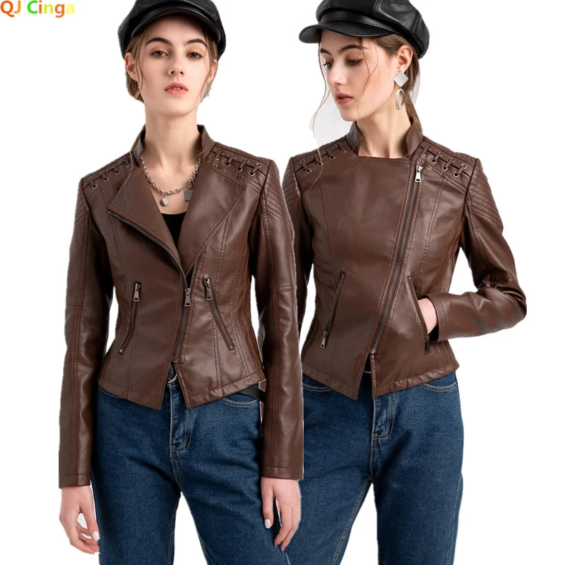 Women’s 12-Color PU Leather Jacket – Lapel Zip-Up Overcoat S–4XL