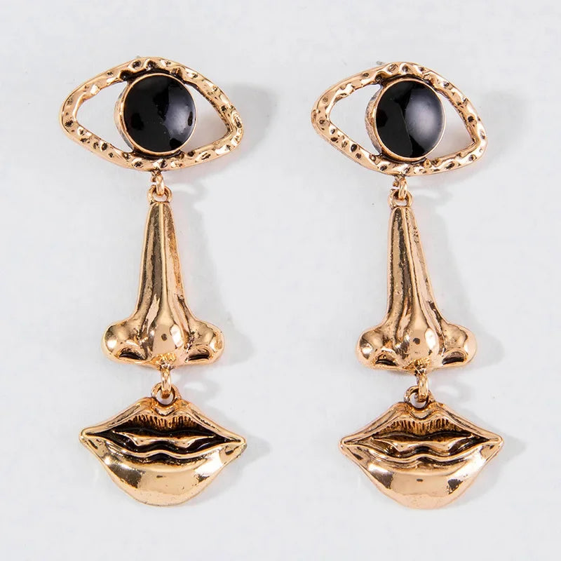1 Pair Exquisite Long Retro Lips, Nose & Eye Design Earrings – Cool Abstract Jewelry Gift