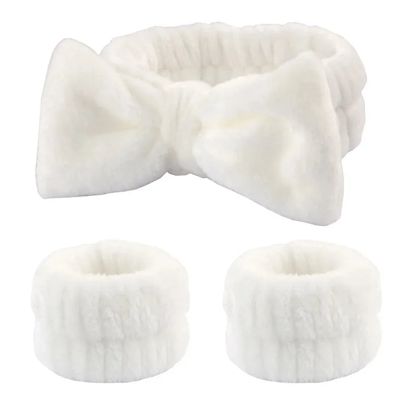 Women's Bow Headband & Wristband Set – Soft Elastic Towel Material for Face Washing, Makeup, Skincare, Yoga & Shower Use