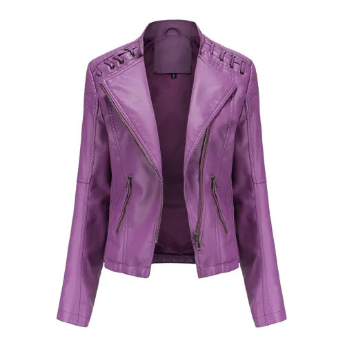 Women’s 12-Color PU Leather Jacket – Lapel Zip-Up Overcoat S–4XL