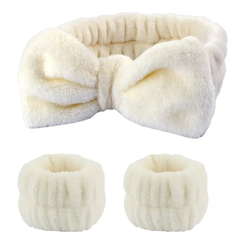 Women's Bow Headband & Wristband Set – Soft Elastic Towel Material for Face Washing, Makeup, Skincare, Yoga & Shower Use