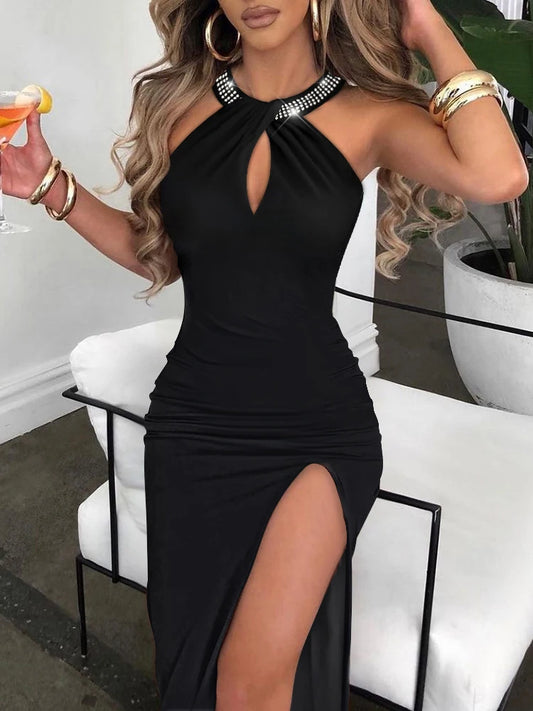 Women Elegant Spring High Split Party Dress 2025 Office Lady V Neck Slim Mid Dress Femme Sleeveless Summer Casual Dress Vestidos – F.A. Mirage