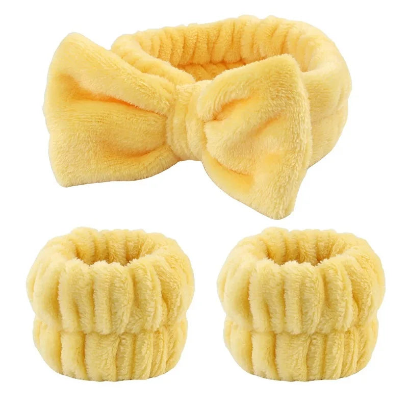 Women's Bow Headband & Wristband Set – Soft Elastic Towel Material for Face Washing, Makeup, Skincare, Yoga & Shower Use