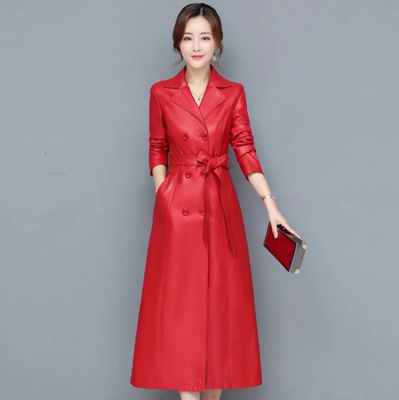 M–6XL Women’s Sheepskin Leather Long Coat – Double-Breasted Spring/Autumn Overcoat
