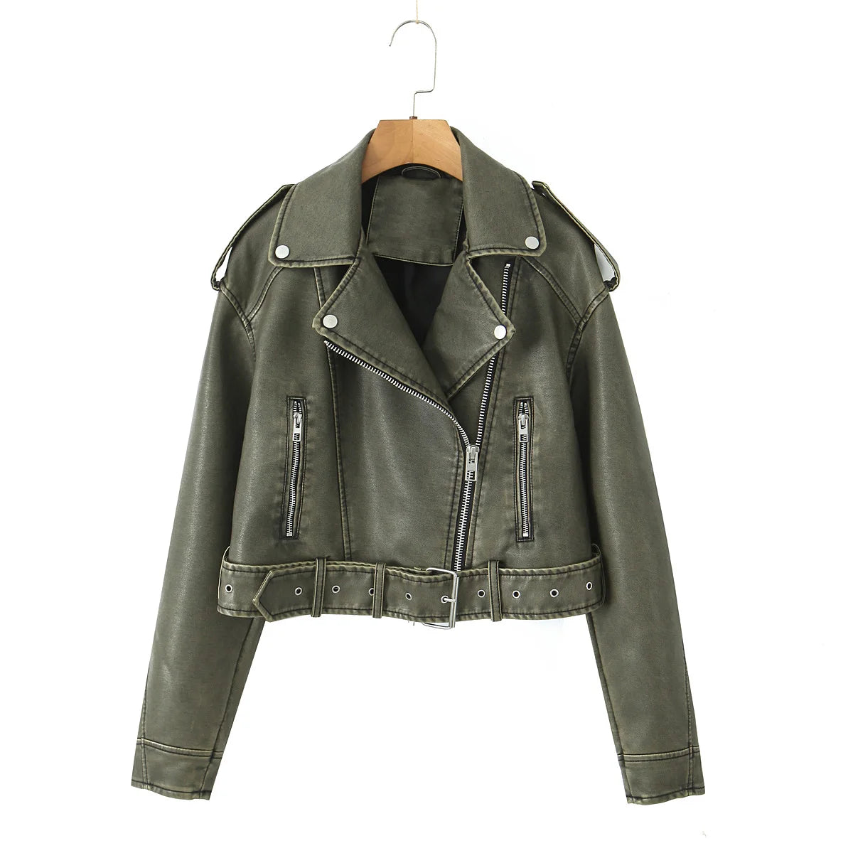 Retro Gray Faux Leather Biker Jacket – High Street Short Belted Coat (Autumn/Winter 2025)