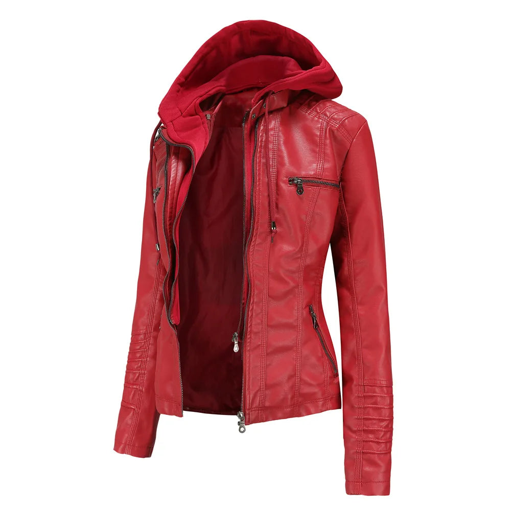 Women’s Oversized PU Leather Hoodie – Zipper Motorcycle Jacket for Spring & Autumn
