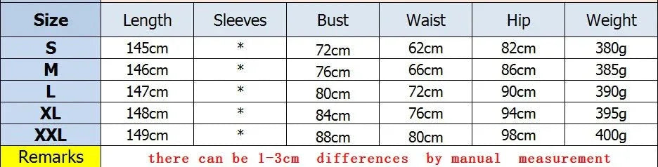 Women's clothing size chart with length, bust, waist, hip, and weight measurements for S-XXL