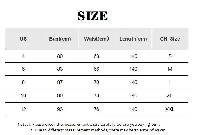 Women's dress size chart with US, CN sizes, bust, waist and length measurements in cm.