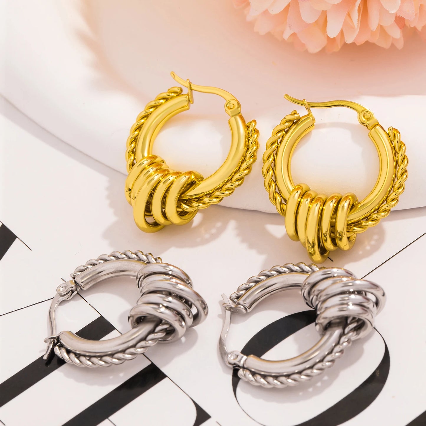 UHBINYCA Trendy Stainless Steel Multilayer Circle Twist Earrings – Gold Plated Statement Jewelry for Women