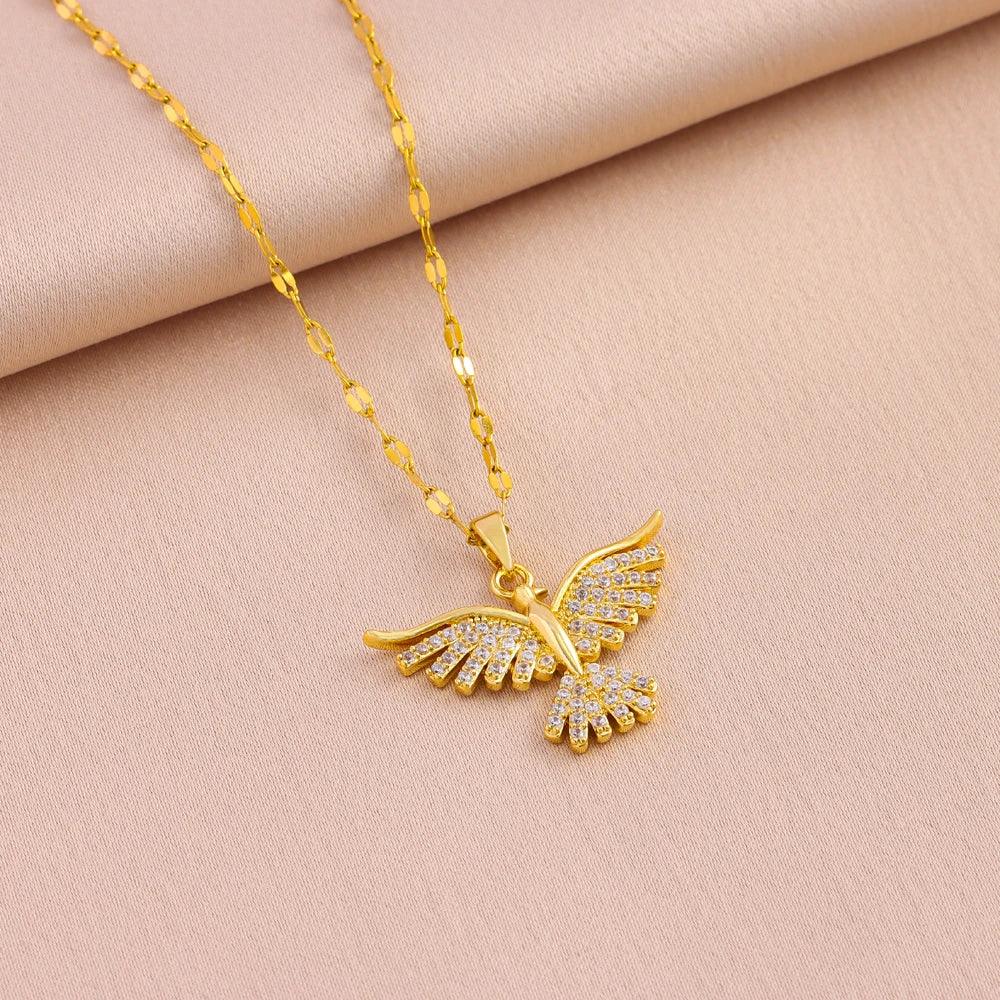 New Sparkly 18K Gold Plated Vintage Phoenix Pendant Necklace – Retro Style Stainless Steel Chain for Women – F.A. Mirage