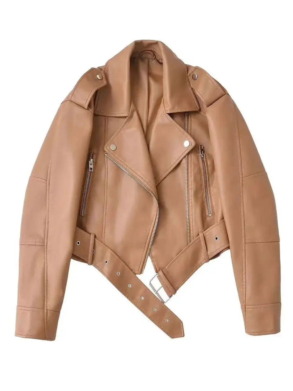 Retro Gray Faux Leather Biker Jacket – High Street Short Belted Coat (Autumn/Winter 2025)