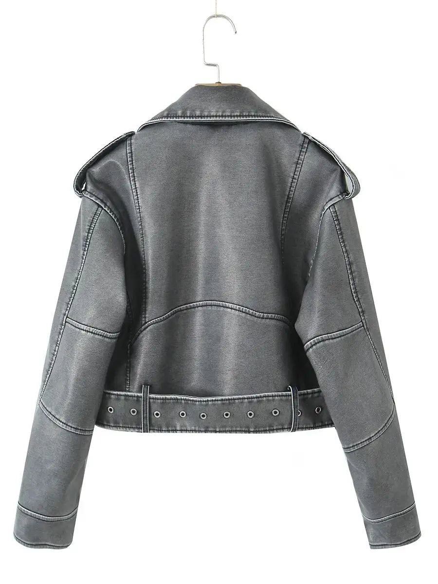 Retro Gray Faux Leather Biker Jacket – High Street Short Belted Coat (Autumn/Winter 2025)