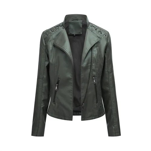 Women’s 12-Color PU Leather Jacket – Lapel Zip-Up Overcoat S–4XL