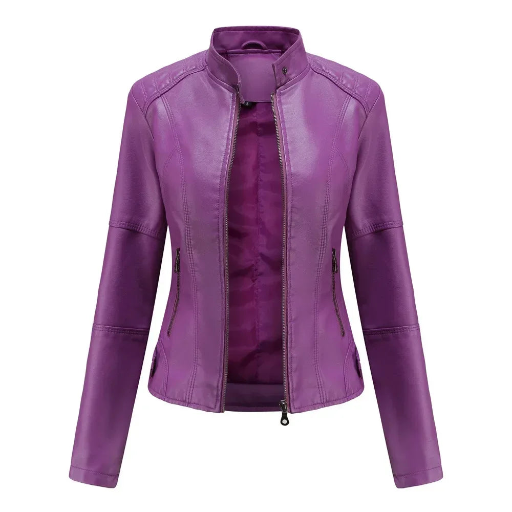 2025 Women’s Faux Leather Moto Jacket – Biker Style Zipper Coat for Spring & Autumn (Red, Brown, Black, Coffee, Blue, Purple, Apricot)