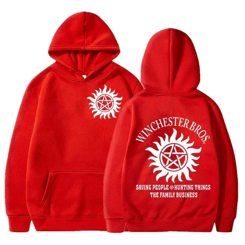 Red Winchester Bros. hoodie with white anti-possession symbol and Supernatural family business text