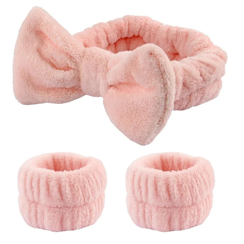Women's Bow Headband & Wristband Set – Soft Elastic Towel Material for Face Washing, Makeup, Skincare, Yoga & Shower Use
