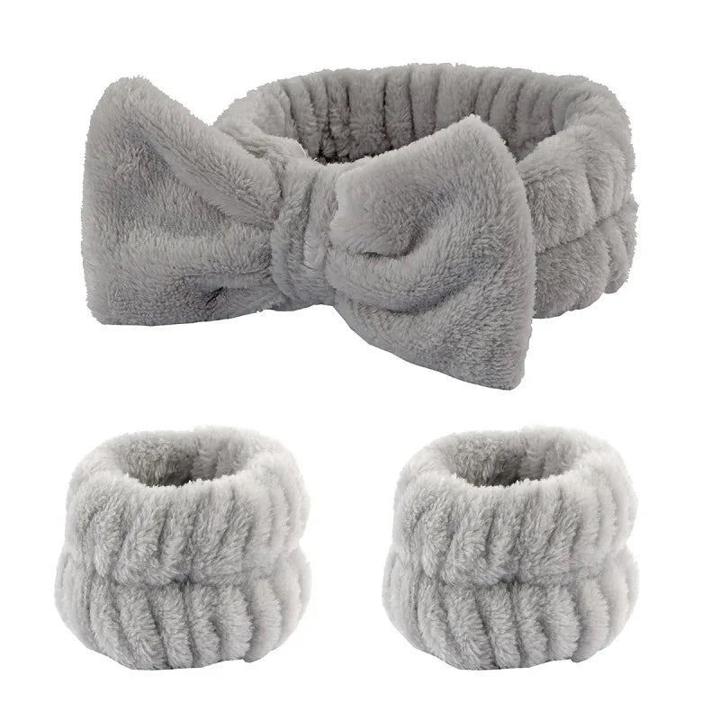 Women's Bow Headband & Wristband Set – Soft Elastic Towel Material for Face Washing, Makeup, Skincare, Yoga & Shower Use