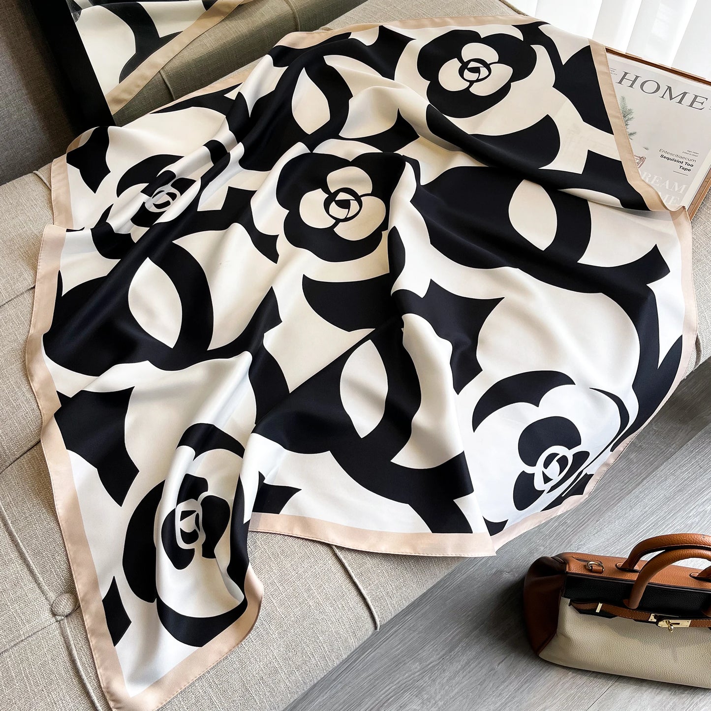 Luxury Camellia Print Satin Twill Scarf – 90x90cm Square Shawl, Elegant Headscarf & Neck Tie Bandana