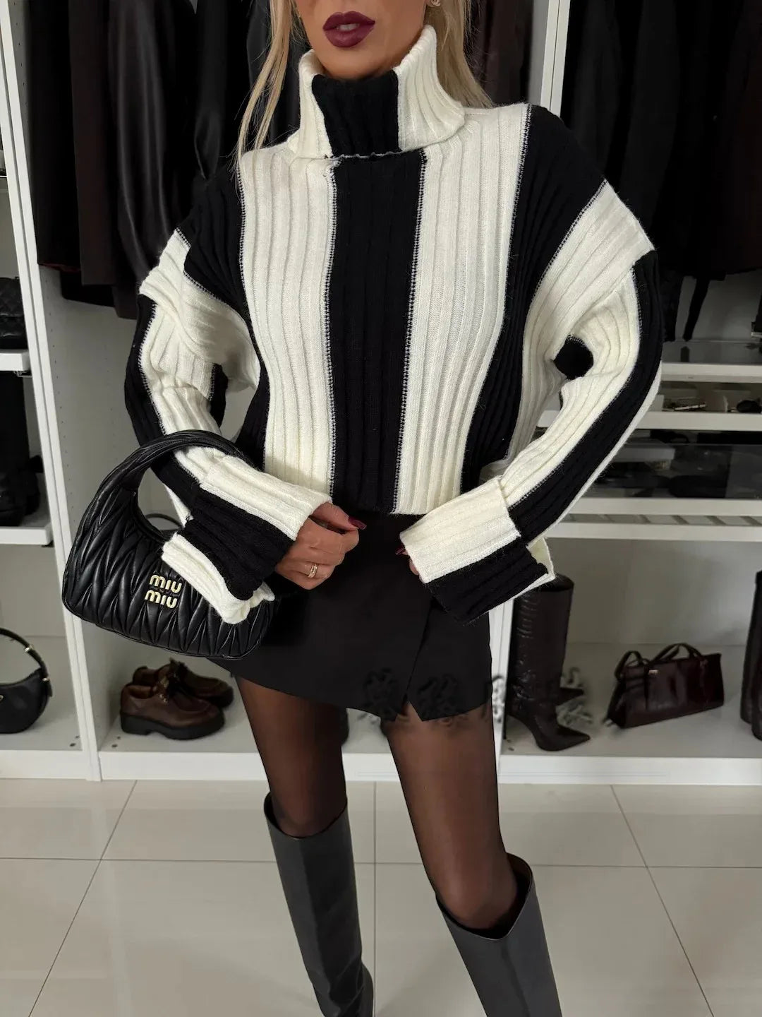 Women’s Striped Patchwork Turtleneck Knit Sweater – Autumn Winter Loose Pullover