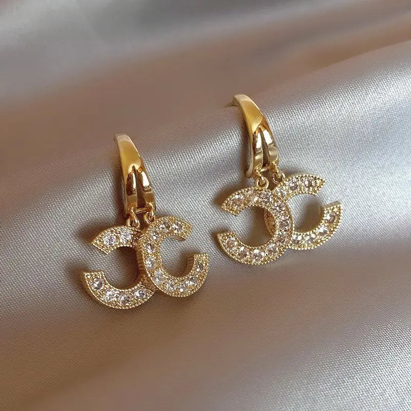 C-Letter Crystal Earrings 14K Gold-Plated