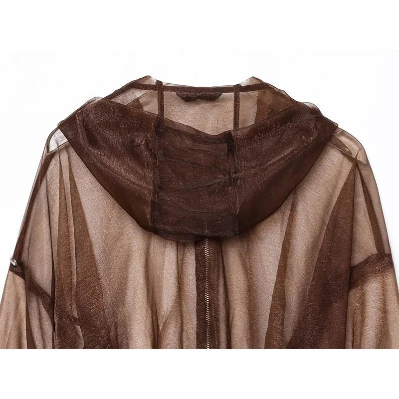 brown sheer zip-up jacket with hood, lightweight mesh fabric, back view