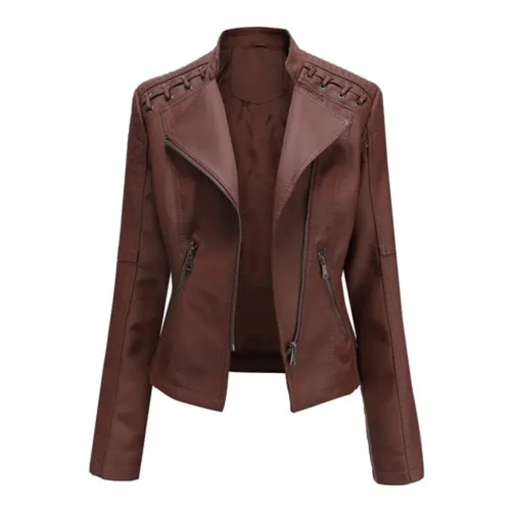 Coffee brown luxury PU leather women's jacket with zip pockets and decorative stitching
