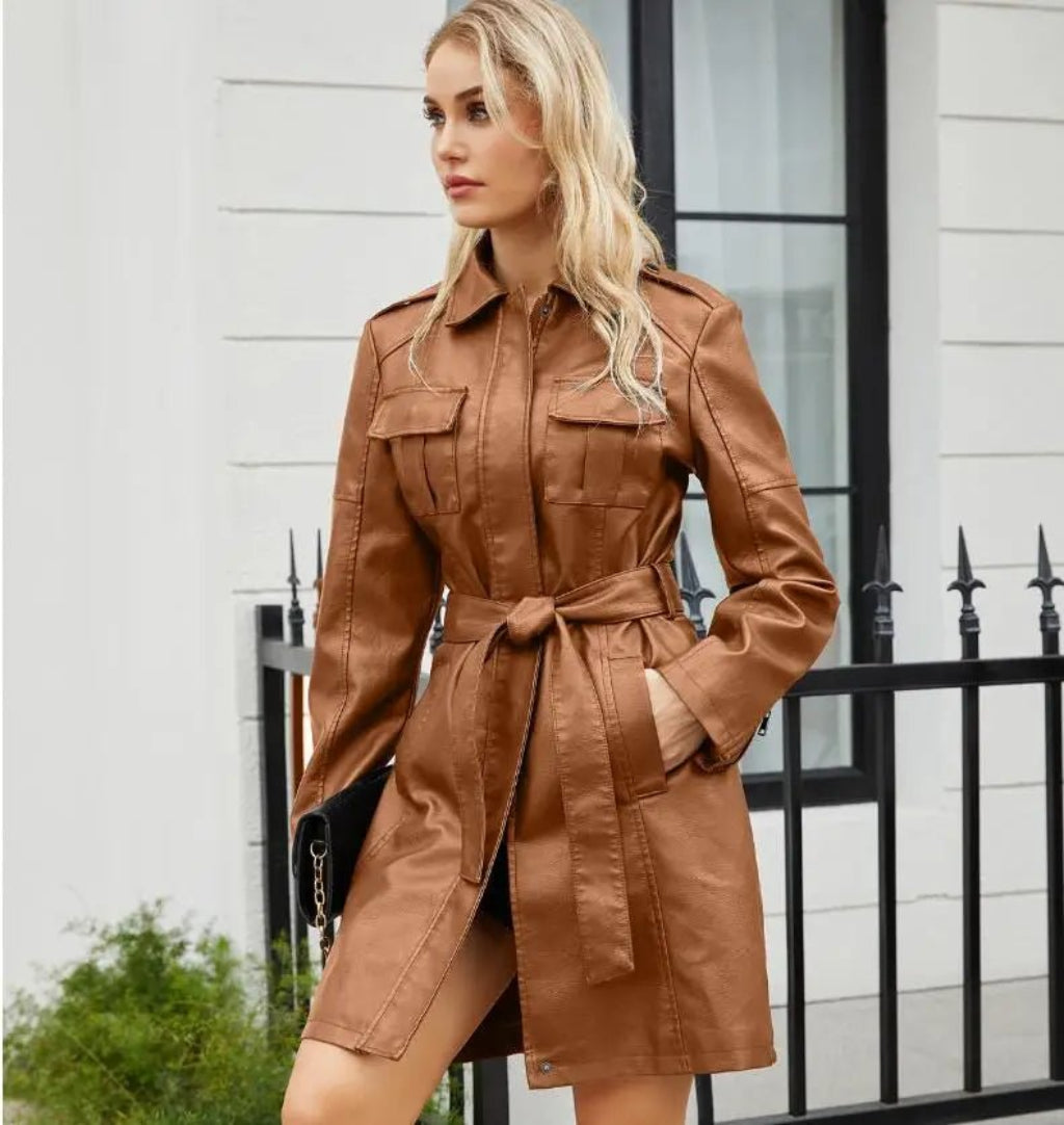Luxury Red Leather Trench Coat