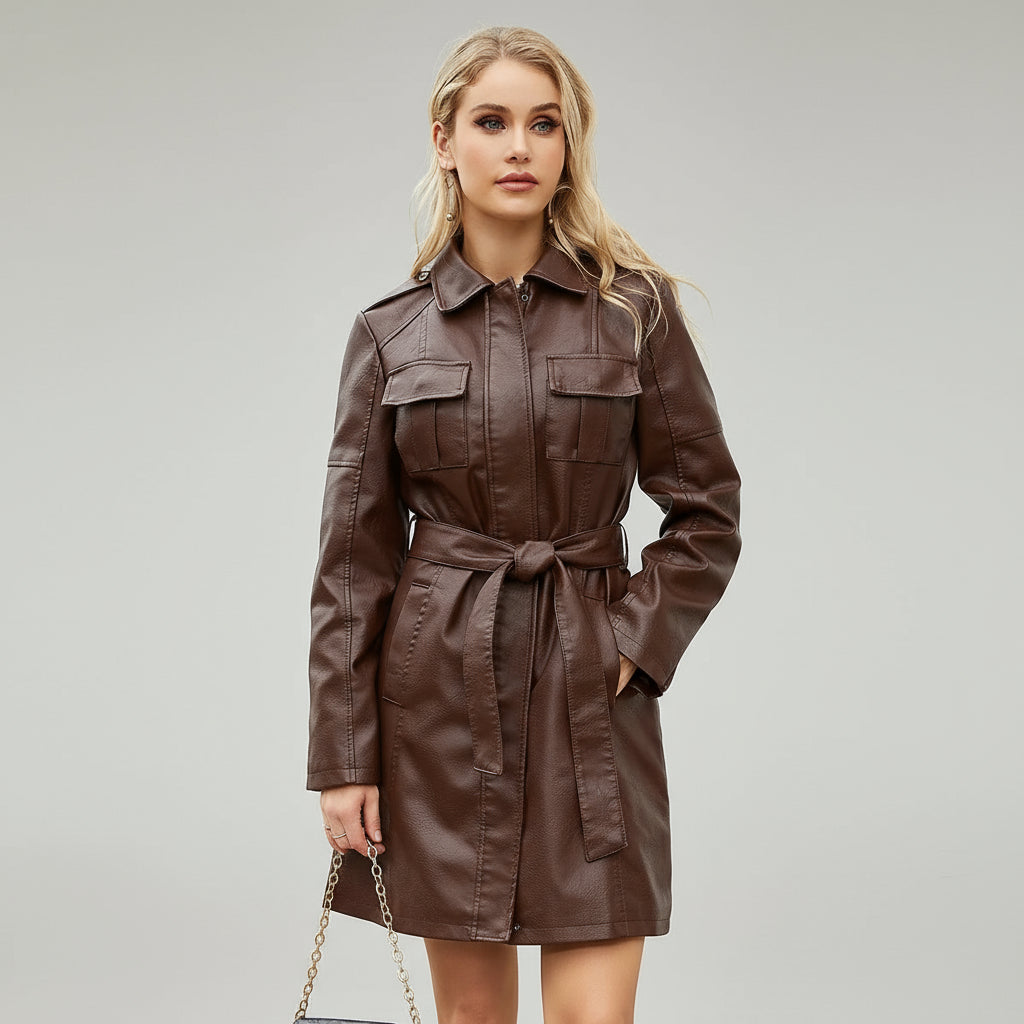 Luxury Red Leather Trench Coat