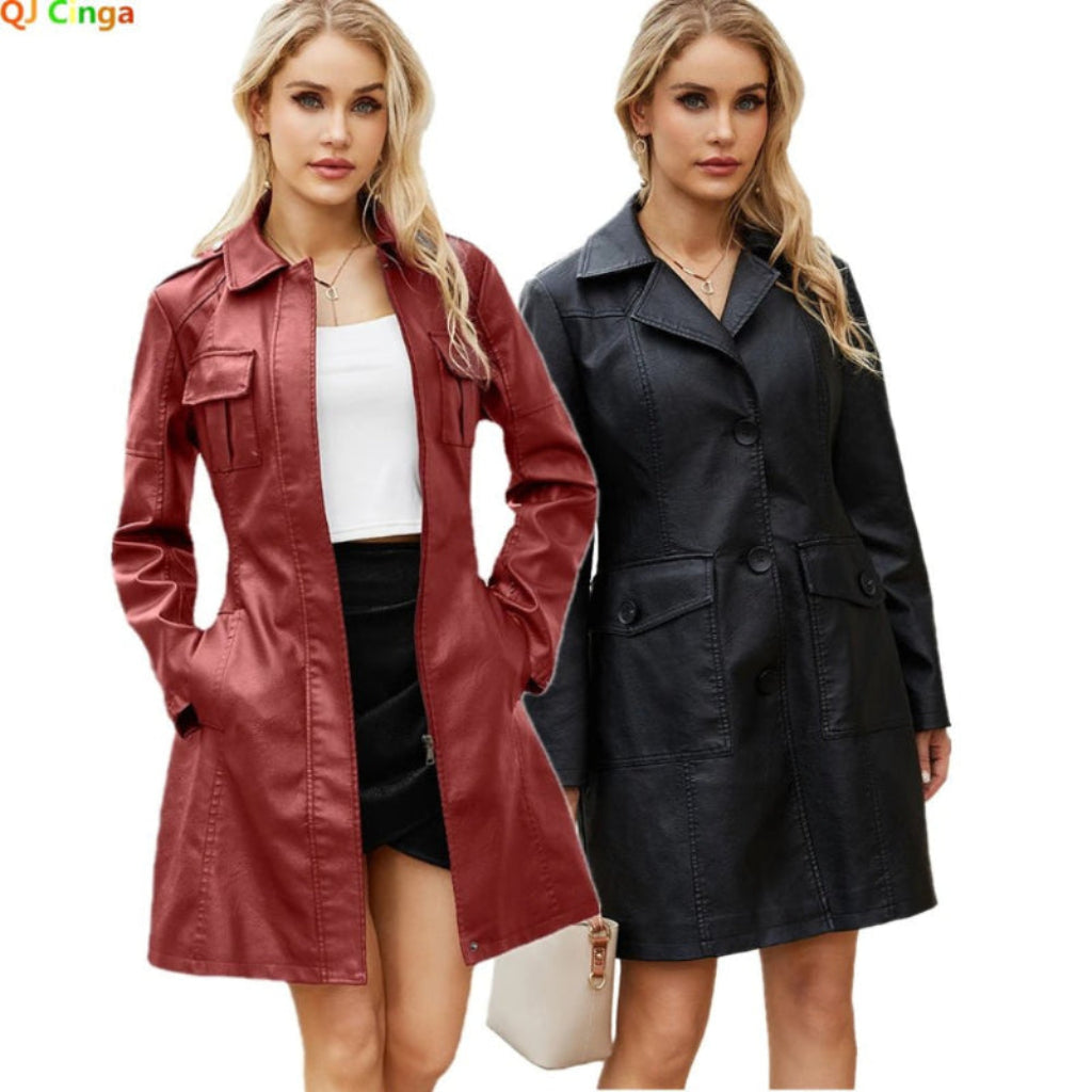 Luxury Red Leather Trench Coat