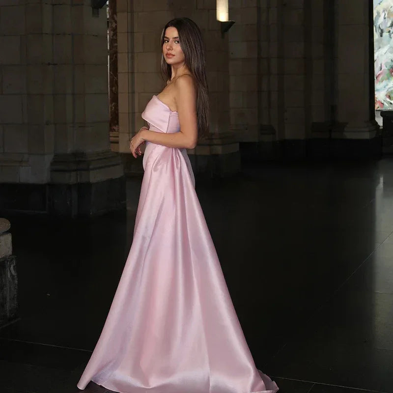 Luxury Strapless Pink Satin Dress