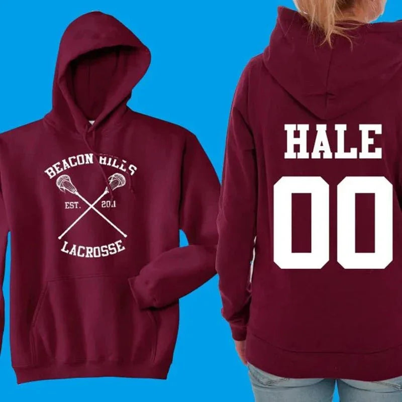 Maroon Beacon Hills lacrosse hoodie with crossed sticks, 'Hale 00' on back, blue background
