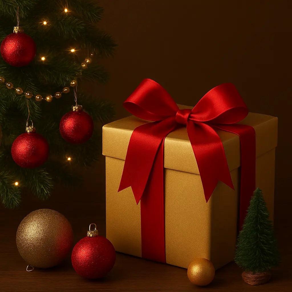 Gold Christmas gift box with red ribbon beside ornaments and decorated tree