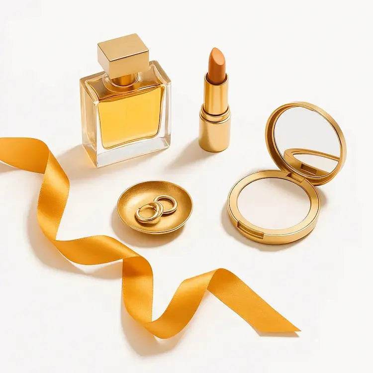 Gold accessories and beauty products including perfume, lipstick, compact, rings, and ribbon.