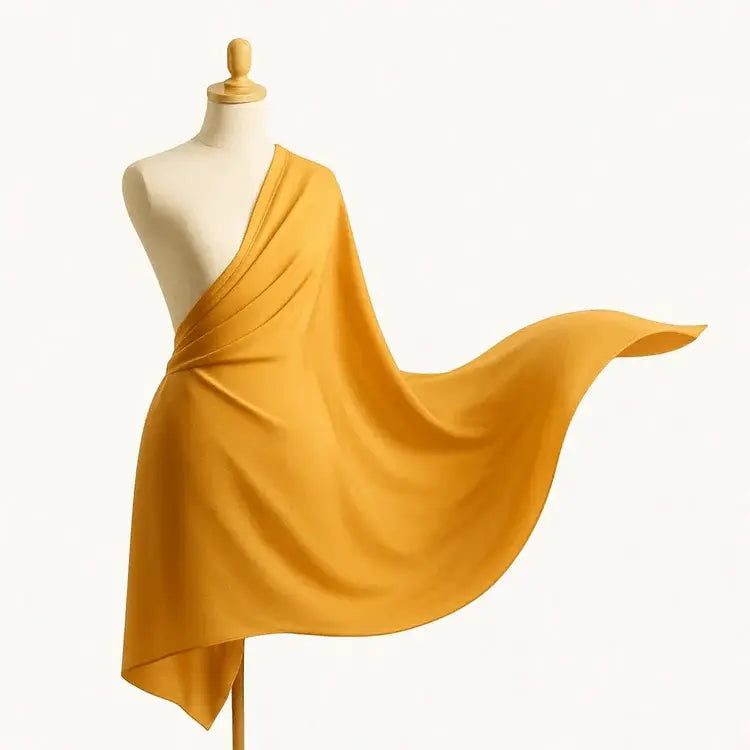 Yellow one-shoulder dress on mannequin, elegant draped fabric, studio background