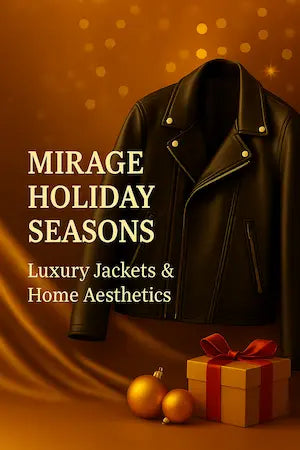 Black leather jacket with gift box and ornaments on golden background, Mirage Holiday Seasons collection.