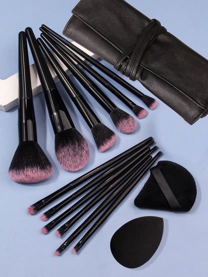 Luxury soft makeup brush set with 13 black handles and pink bristles, black pouch included