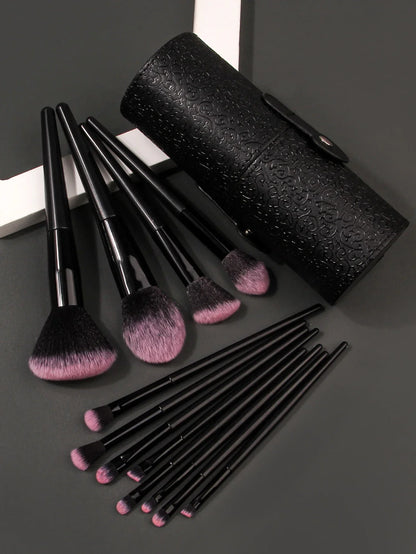 Luxury soft makeup brush set with black handles, pink bristles, and patterned black case