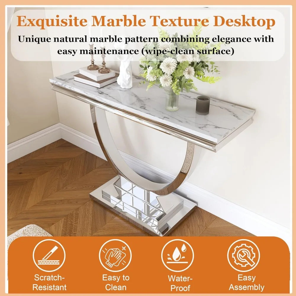 Modern Faux Marble Console Table with Silver Metal Frame